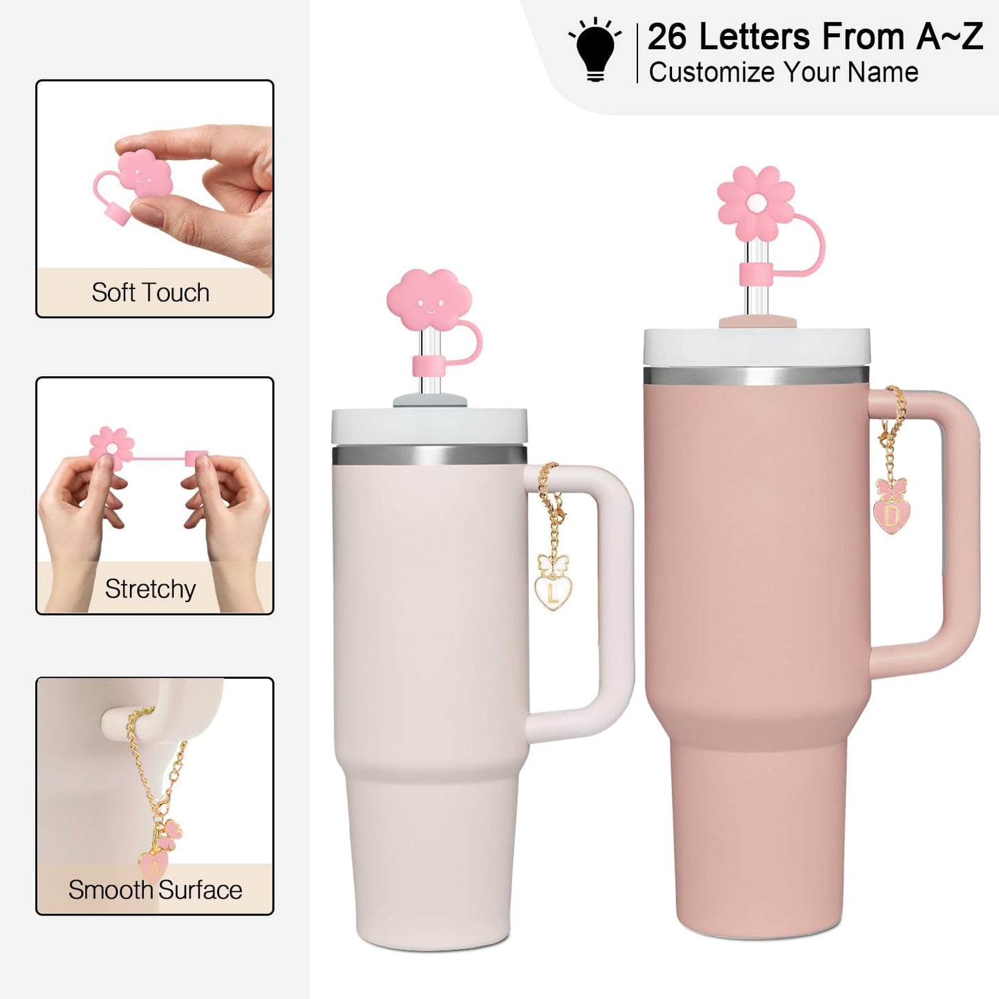 2 Pcs Straw Cover Cap for Stanley Cup 30 40 Oz, 2 Pcs Name ID initial Handle Letter Charms Tumbler Accessories, Silicone Pink Cute Flower and Cloud Straw Topper Decor