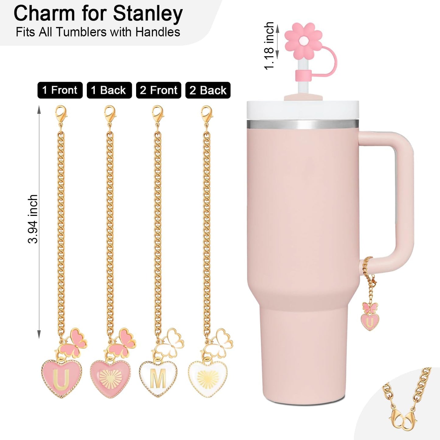 2 Pcs Straw Cover Cap for Stanley Cup 30 40 Oz, 2 Pcs Name ID initial Handle Letter Charms Tumbler Accessories, Silicone Pink Cute Flower and Cloud Straw Topper Decor