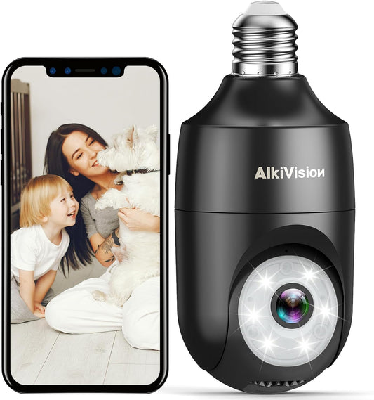 AlkiVision 2K Light Bulb Security Camera Wireless Outdoor - 360° AI Motion Detection Cameras for Home Security Outside, 2.4G Hz, Full-Color Night Vision, Auto Tracking, Siren Alarm, SD/Cloud Storage