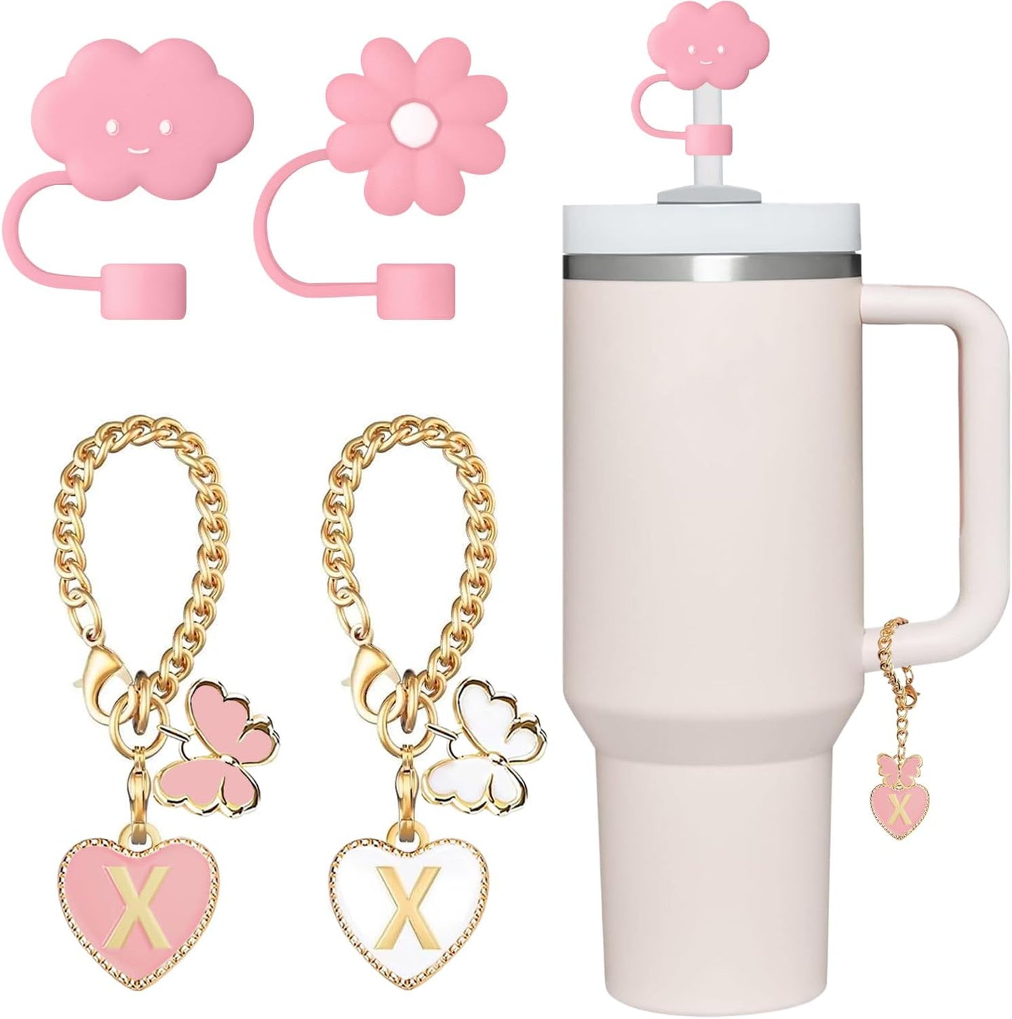 2 Pcs Straw Cover Cap for Stanley Cup 30 40 Oz, 2 Pcs Name ID initial Handle Letter Charms Tumbler Accessories, Silicone Pink Cute Flower and Cloud Straw Topper Decor