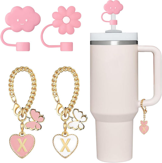 2 Pcs Straw Cover Cap for Stanley Cup 30 40 Oz, 2 Pcs Name ID initial Handle Letter Charms Tumbler Accessories, Silicone Pink Cute Flower and Cloud Straw Topper Decor